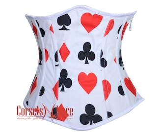 May include: White corset with a white trim and a zipper closure. The corset is covered in a pattern of red hearts, black spades, diamonds, and clubs.