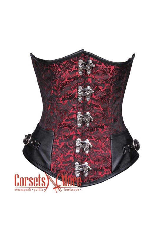 Red and Black Brocade and leather LONGLINE Underbust Bustier Corset Top