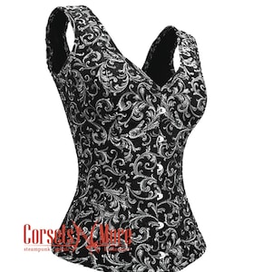 Black and Silver Brocade Overbust Corset with Shoulder Straps Gothic Costume