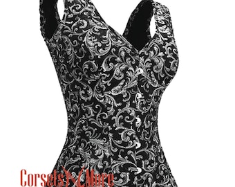 Black and Silver Brocade Bustier Overbust Corset with Shoulder Straps