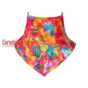 May include: A colorful floral print choker with a pointed collar. The choker is made of a satin-like fabric and has a bright pink, yellow, and blue color scheme.