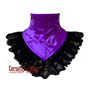 Purple PVC Leather Black Lace Design Neck Collar Corset with Back Lace Up