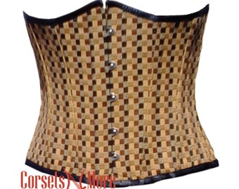 Brown Jute Cotton Black Piping Steel Boned Corset Waist Cinch Underbust Mother's Day Top