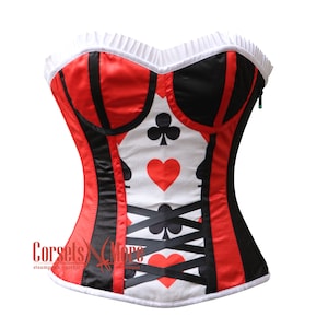 Rot und Schwarz Satin Herzkönigin Kostüm Burlesque Overbust Korsett Top