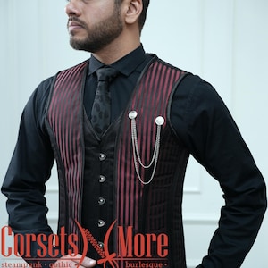 Red Brocade & Satin Steel Boned Steampunk Vest Corset for Men Victorian Gothic Halloween Costume