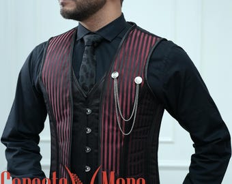 Corsé de chaleco steampunk de brocado rojo y varillas de acero satinado para hombre, estilo gótico victoriano.