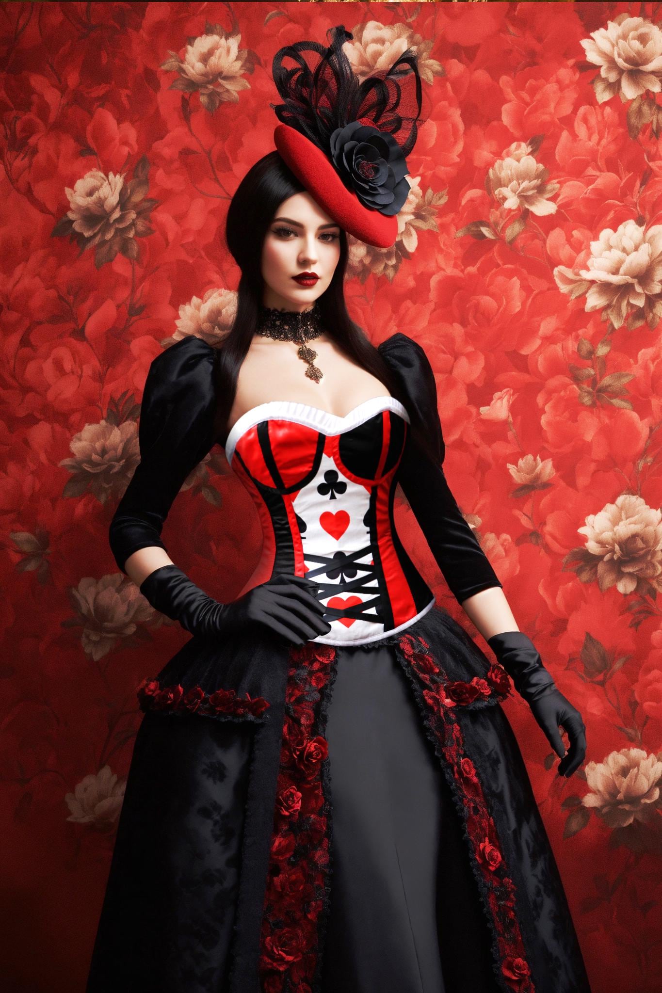 Red and Black Satin Queen of Hearts Costume Burlesque Overbust