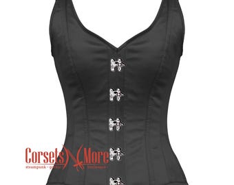 May include: A black cotton corset with a sweetheart neckline and five silver metal hooks and eyes. The corset has a smooth, matte finish and is designed for a fitted look.