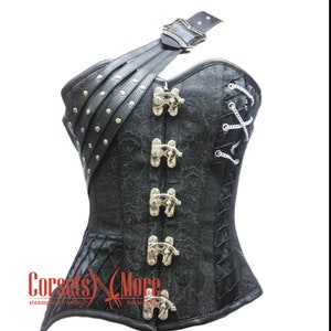 Women's Black Corset Brocade Leather Strap Gothic Steampunk Waist Training Overbust