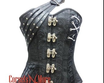 Corset noir avec bracelet en cuir brocart gothique steampunk costume fête des mères haut overbust