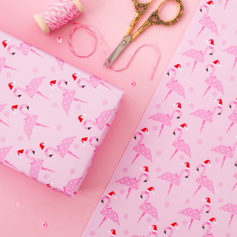Pink Origami Flamingo Christmas Wrapping Paper With Tags Cute Etsy