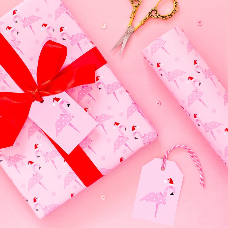 Pink Origami Flamingo Christmas Wrapping Paper With Tags Cute Etsy