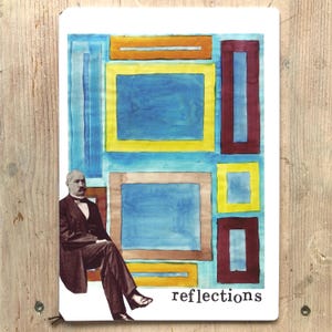 Puede incluir: Una impresi&oacute;n art&iacute;stica rectangular con un collage de formas geom&eacute;tricas en azul, amarillo, marr&oacute;n y granate. Una imagen vintage de un hombre con traje est&aacute; a la izquierda. La palabra "reflections" est&aacute; impresa en blanco en la parte inferior.