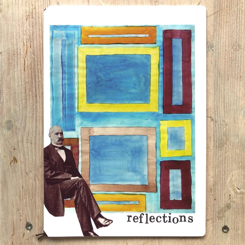 Puede incluir: Una impresi&oacute;n art&iacute;stica rectangular con un collage de formas geom&eacute;tricas en azul, amarillo, marr&oacute;n y granate. Una imagen vintage de un hombre con traje est&aacute; a la izquierda. La palabra "reflections" est&aacute; impresa en blanco en la parte inferior.