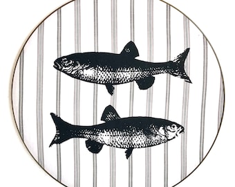 Embroidery frame image fish on striped fabric