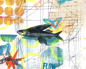 Fly high & go with the flow - Siebdruckcollage mit fliegenden Fischen, Libellen und Schmetterlingen