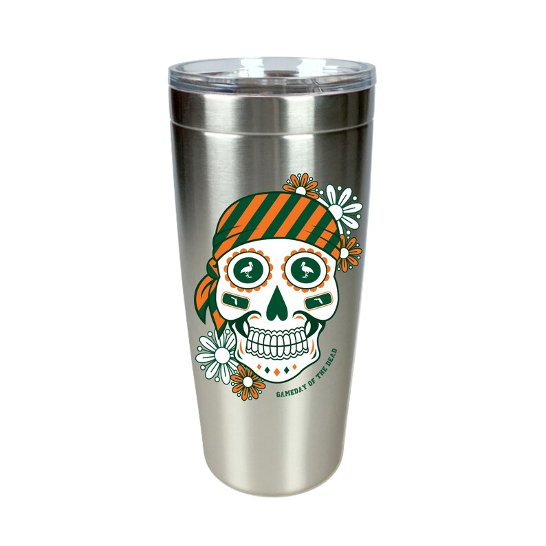 Orange and Green Gameday Beverage Tumbler Day Of The Dead Inspired Hurricanes Themed Stainless Steel Tumbler