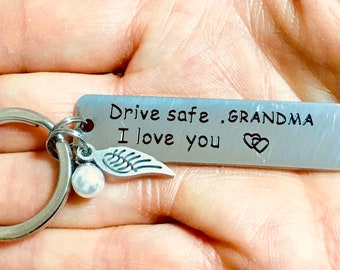 Gift for grandma, grandma gift, grandma key chain, angel wing keychain, pearl key ring, stocking stuffer, engraved key ring, tassel keychain