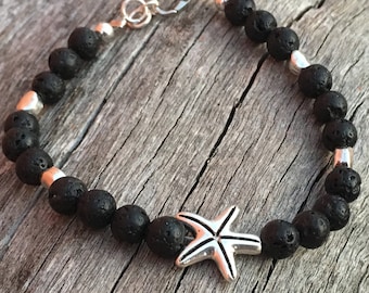 Black lava bracelet, starfish bracelet, sterling silver beads bracelet, black beads bracelet,  genuine lava bracelet, genuine gemstone