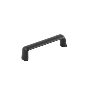 May include: A black cabinet pull handle with a curved design. The handle is made of a solid material and has a smooth, matte finish. The handle is approximately 6 inches long.