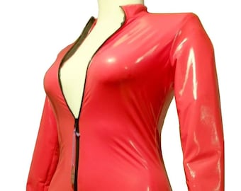 VC Langarm Catsuit kurz, beinfrei, sexy roter Stretch-Lack,