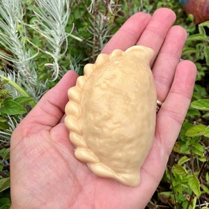 May include: A golden brown pastry with a crimped edge, held in a hand.