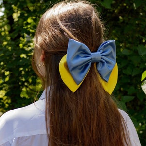 Satin Bow- Ukraine art-Ukraine-Ukraine bow-LUXURY BOWS-Oversize Bow -Long Bows - Hair Tie or Barrette-Ukrainian flag