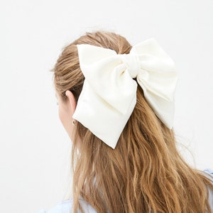 Satin White Bow-LUXURY BOWS-Oversize Bow Long Bows Hair Tie or Barrette-white bow white big bow white silk bow wedding bow image 1