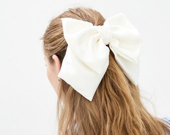 Satin  White Bow-LUXURY BOWS-Oversize Bow -Long Bows - Hair Tie or Barrette-white bow - white big bow - white silk bow - wedding bow