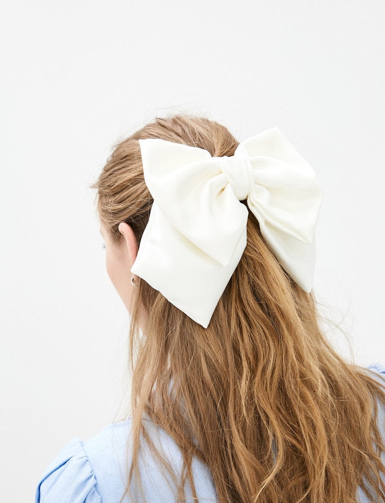 Satin White Bow-LUXURY BOWS-Oversize Bow Long Bows Hair Tie or Barrette-white bow white big bow white silk bow wedding bow image 1