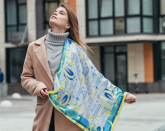 Ukrainian shawl Glory to Ukraine-Ukraine art-LUXURY  Scarf -Oversize  Scarf -designer scarf-square scarf-silk scarf-gift from Ukraine