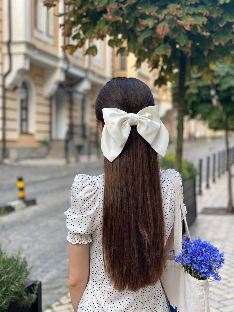 Satin White Bow-LUXURY BOWS-Oversize Bow Long Bows Hair Tie or Barrette-white bow white big bow white silk bow wedding bow image 9