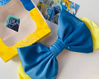 Satin Bow- Ukraine art-Ukraine-Ukraine bow-LUXURY BOWS-Oversize Bow -Long Bows - Hair Tie or Barrette-Ukrainian flag