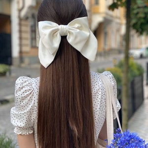 Satin White Bow-LUXURY BOWS-Oversize Bow Long Bows Hair Tie or Barrette-white bow white big bow white silk bow wedding bow image 6