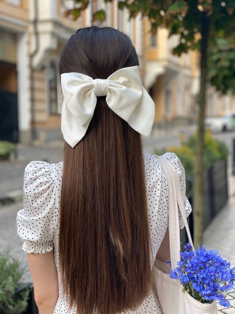 Satin White Bow-LUXURY BOWS-Oversize Bow Long Bows Hair Tie or Barrette-white bow white big bow white silk bow wedding bow image 6