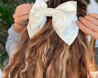 Satin  White Bow-LUXURY BOWS-Oversize Bow -Long Bows - Hair Tie or Barrette-white bow - white big bow - white silk bow - wedding bow