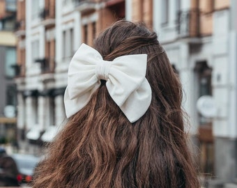 Velvet white Bow-LUXURY VELVET BOWS-Oversize Velvet Bow -Long Bows -Velvet Hair Tie or Barrette-white big bow-ukraine bow