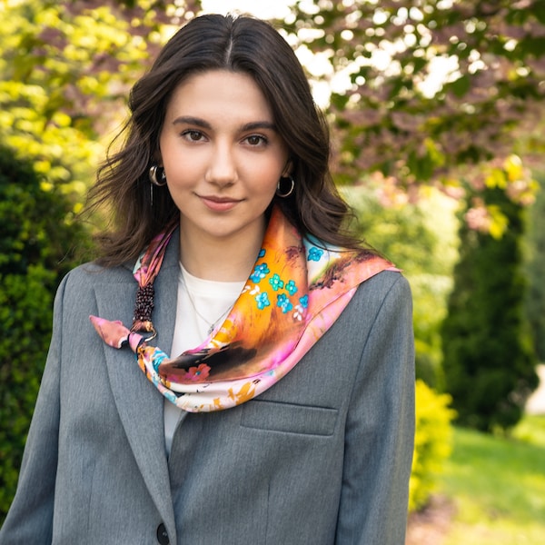 Designer Silk Scarf -Neck scarf- Rose scarf- scarf is decorated with garnet stones