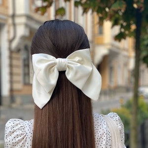 Satin White Bow-LUXURY BOWS-Oversize Bow Long Bows Hair Tie or Barrette-white bow white big bow white silk bow wedding bow image 8