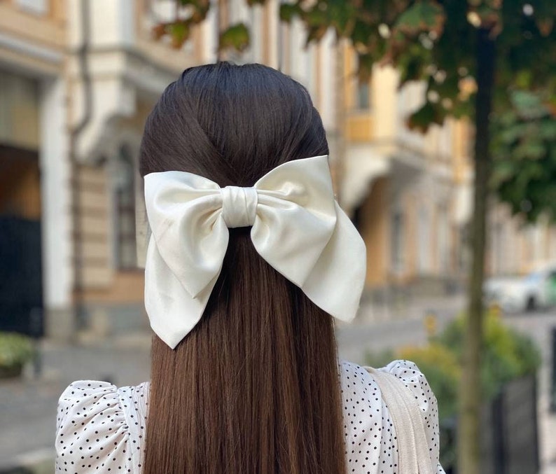 Satin White Bow-LUXURY BOWS-Oversize Bow Long Bows Hair Tie or Barrette-white bow white big bow white silk bow wedding bow image 8