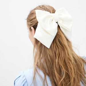 Satin White Bow-LUXURY BOWS-Oversize Bow Long Bows Hair Tie or Barrette-white bow white big bow white silk bow wedding bow image 2