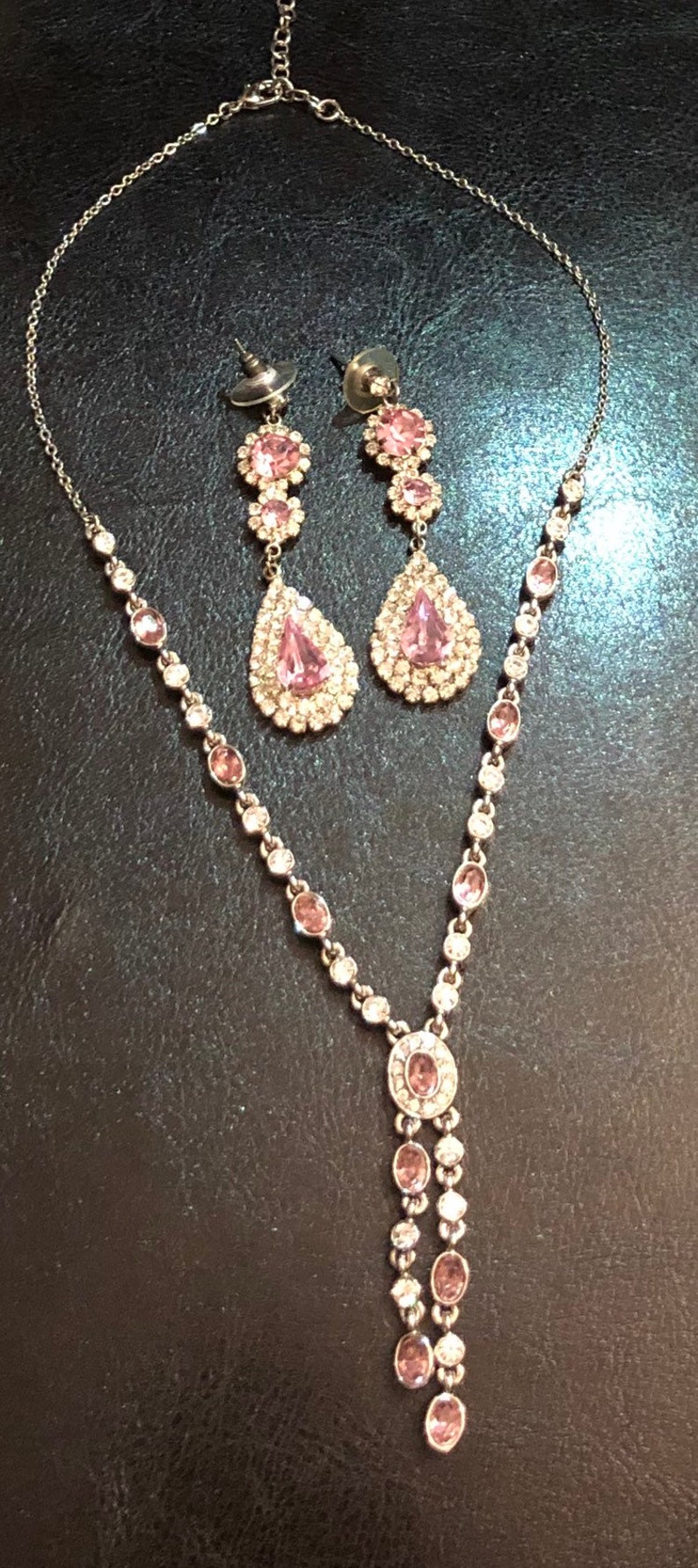 Vintage Pink and Clear Cubic Zirconia Dangle Earrings and Necklace