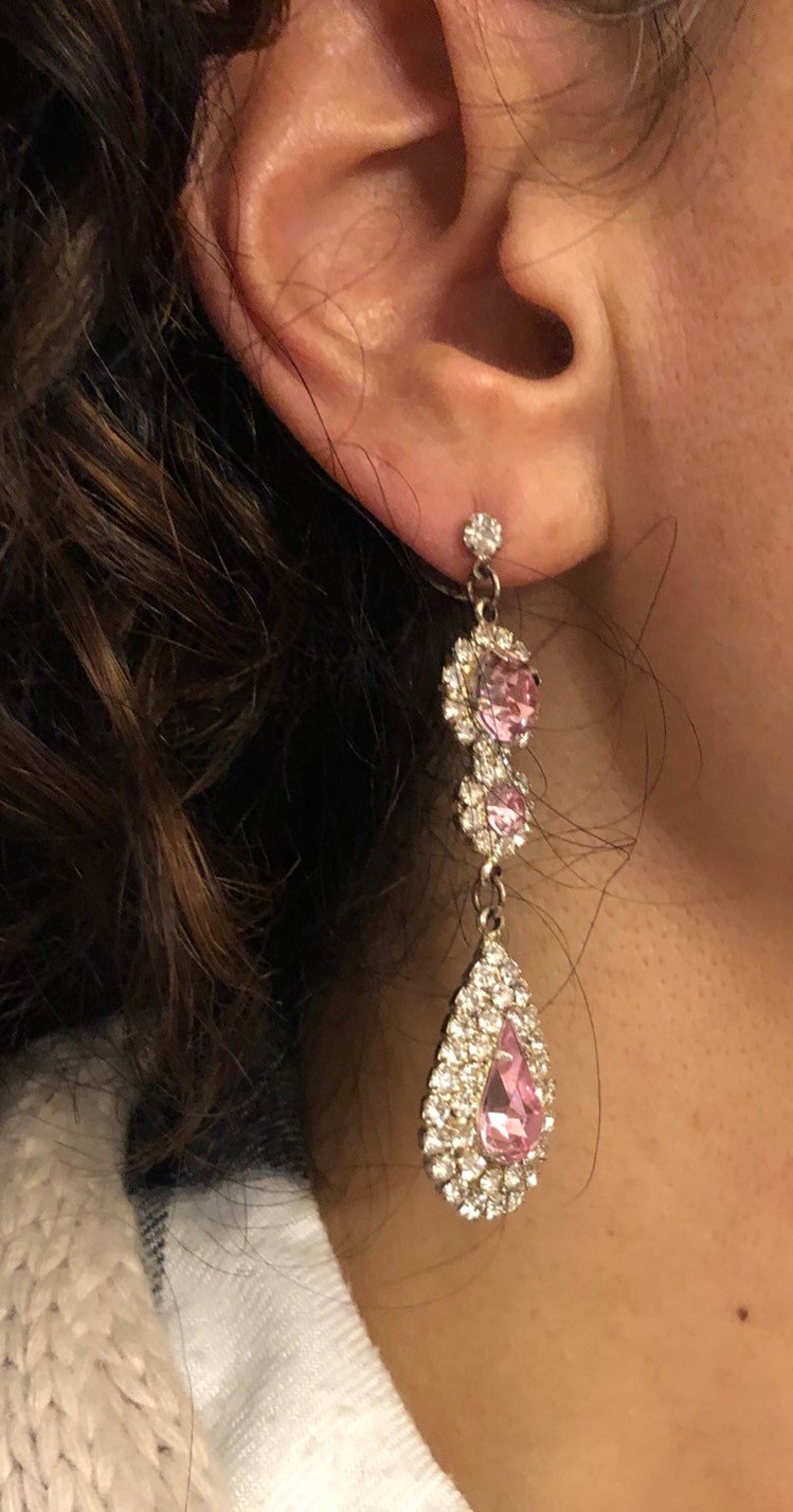 Vintage Pink and Clear Cubic Zirconia Dangle Earrings and Necklace