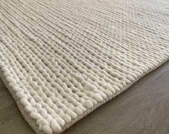 Hand woven Chunky Wool Area Rug, Plain Solid White rug, Runner Rug, Round Rug,5'x7',8'x10',6' round