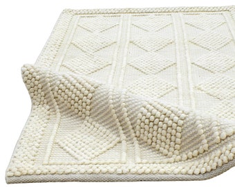 Chunky Wool Area Rug Ivory loop /Flatweave elegant rug , Scandinavian, Nursery,  and Customizable Rug,6'x9',5'x7',8'x10',10x14 size chunky