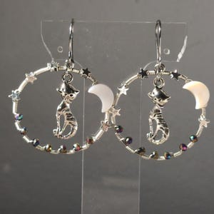 Black Cat Halloween silvery earrings, witchy celestial earrings, dark academia jewelry, spooky  earrings, gothic dangle earrings gifts