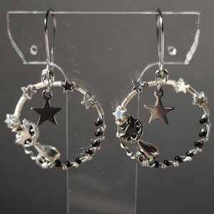 Black Cat Halloween silvery earrings, celestial witchy earrings, dark academia jewelry, spooky  earrings, gothic dangle earrings gifts