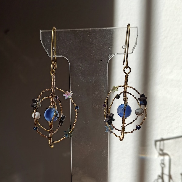 Moon, earth & stars earrings/ statement earrings / celestial earrings / Stars earrings /sun wire earrings / galaxy earrings/ planet earrings