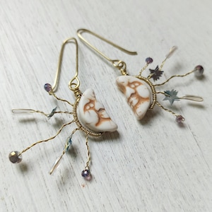Moon Stars earrings / celestial earrings/ moon wire earrings  galaxy jewelry / moon face earrings/statement earrings/ shooting star earrings