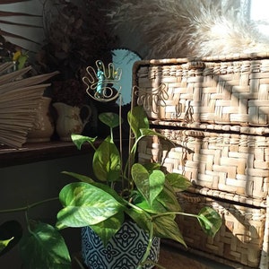 May include: A green potted plant with a decorative eye-shaped wire sculpture. The plant is in a white and black patterned pot with a brown saucer. The pot is sitting on a woven wicker surface.